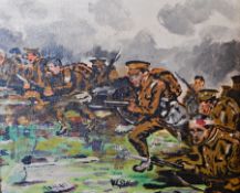 V L Gillett 
Oil on board 
WWI battle scene, signed,