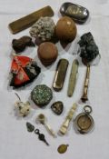 Miniature bone magnifying glass, semi precious stones and crystals, comb,
