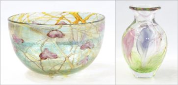 Studio glass lustre bowl by Siddy Langley, stylised floral decorated,