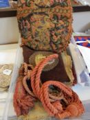 Victorian beadwork and woolwork tapestry cushion, lion rampant, helmet and foliate scroll decorated,