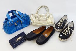 A pair of Kurt Geiger black moccasins, a pair of fit-flop trainers, a leather handbag in gold, a