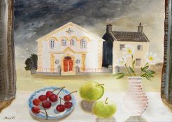 Judith Moy 
Acrylic 
Fruit on windowsill with buildings across the road, labelled verso, 23cm x 28cm