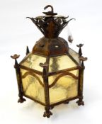 Copper and stained glass lantern style light fitting with coronet type top,
