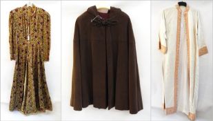 A 1930's wool embroidered dressing gown with loop and button fastening, full-length, a silk kaftan