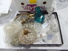 A glass tiered drop light (af), a pair of moulded and engraved chambersticks,