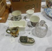 18th/19th century Chinese porcelain tea bowl, two pressed glass baskets, cut glass covered canister,