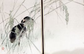 Japanese watercolour drawing, sheltering amongst reeds,