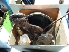 Large brass charger, three brass plates, 2 leather folding chairs, and others,