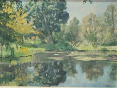 Vladimir Sosonovski (1922-1990)
Oil on canvas
Wooded landscape with lake in foreground, floating