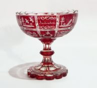 A 19th century German ruby flash pedestal bonbon dish depicting panels of birds and butterflies