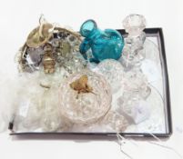 A 19th century cut glass lidded mug with glass acorn type finial, pair glass candlesticks,