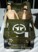 1960's/70's Action Man wearing army jacket, another similar male doll, Army jeep and trailer,