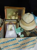A collection of pictures and prints, a Christy's pith helmet retailed by Miller,