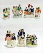 Seven small Staffordshire flatback groups (some damaged)