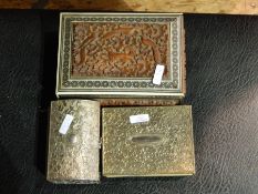 A wooden jewellery box inlaid with ivory carving together with EPNS flatware and boxes, lamp etc.