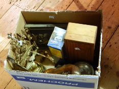 A reproduction flintlock pistol, leather covered hip flask, brass bell with scrolling decoration,