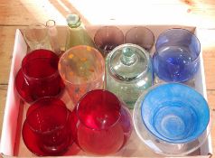 A quantity of glassware to include a Sherekat blue studio glass bowl, ruby glass brandy balloon,