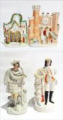 A Staffordshire flatback chimney ornament in the form of a castle with a clock and another of a