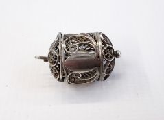 19th century white metal filigree measuring tape case with suspension loop