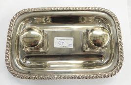 EPNS inkstand, rectangular, having pair EPNS mounted glass inkwells,