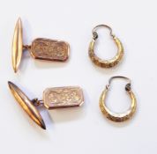 Pair of cufflinks with 9ct gold engraved inset panels and pair 9ct gold engraved hoop earings