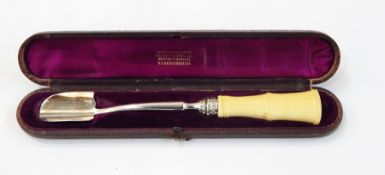 Victorian silver ivory-handled stilton scoop, the handle carved as faux-bamboo,