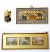 Persian painted ivory panel with three figures in a garden,