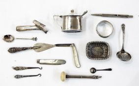 Pair silver tongs, possibly individual asparagus tongs, silver bookmark, mustard pot, napkin ring,