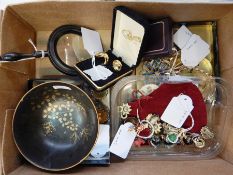 Quantity diamante brooches, necklaces, simulated pearls, turned wood magnifying glass,