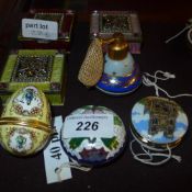 A collection of three enamelled boxes, a cloisonne pill box and porcelain pill box and a porcelain