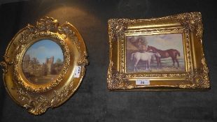 Two gilded frame wall plaques ''Castle and horses''
