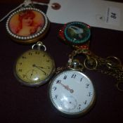 A collection of pocket watches one with Albert chain also two jewelled later examples