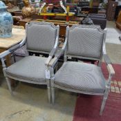 A pair of French grey painted fauteuils with pad backs and seats on fluted supports W 71 D 60 H