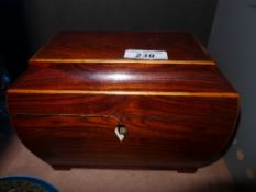 A sarcophagus wooden tea caddy opening to reveal two lidded compartments
