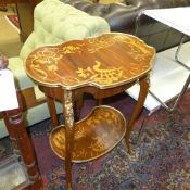 A French style marquetry inlaid etagere with gilt metal mounts