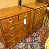 A pair of C20th walnut chest the carted corners above three long drawers on bracket feet W 77 D 48 H