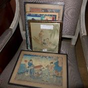 A collection of early C20th Japanese Woodblock prints some framed with some faded Chinese silk