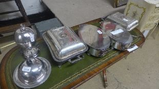 Two C18th Sheffield plate, plate warmers, a Mappin Webb egg warmer, muffin dish and entree dishes