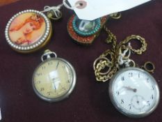 A collection of pocket watches one with Albert chain also two jeweled later examples