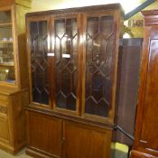 A C20th mahogany bookcase the glazed panels above cupboards on plinth base