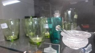 A mixed quantity of glassware including a set of four green soda glass tumblers, a cut glass salt