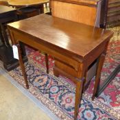 An Edwardian mahogany inlaid card table the satinwood banded foldover top revealing baize interior