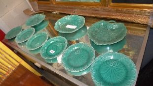 A collection of wedgwood, majolica leaf plates and serving tray