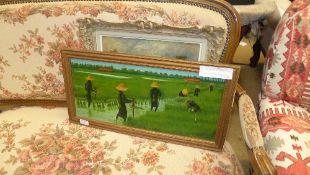 An oil of rice workers signed with an earlier oil on canvas landscape signed Pembury