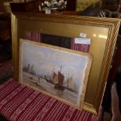 A large colour print of sailing ships in original frame bearing signature T B Hardy 1874 entitled