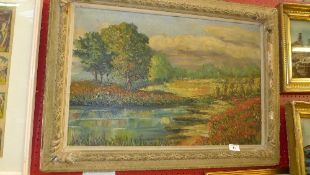An oil on canvas with stream in the fore signed
