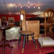 A mahogany wine table on tripod supports together with a Moorish inlaid similar a foot stool and