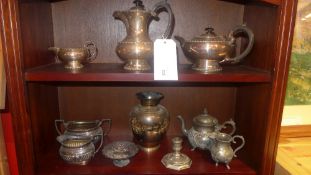 A silver plated coffee and teapot together with similar silver plated and pewter items