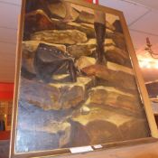 An oil on board of a figure wearing a single boot standing on rocks