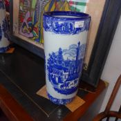 A pair of blue and white Ironstone umberella stands with Chinese landscape pattern
